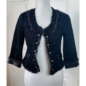 Bebe Black Beaded/Chained Bolero Jacket Faux Leather Trim Moto Cropped Coat Sz 4
